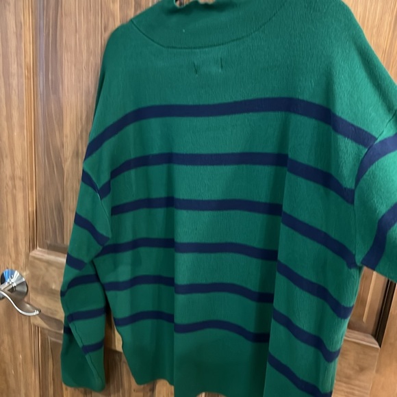 Maeve by Anthropologie L Green with Navy Strip Mock Neck Sweater - Picture 2 of 4